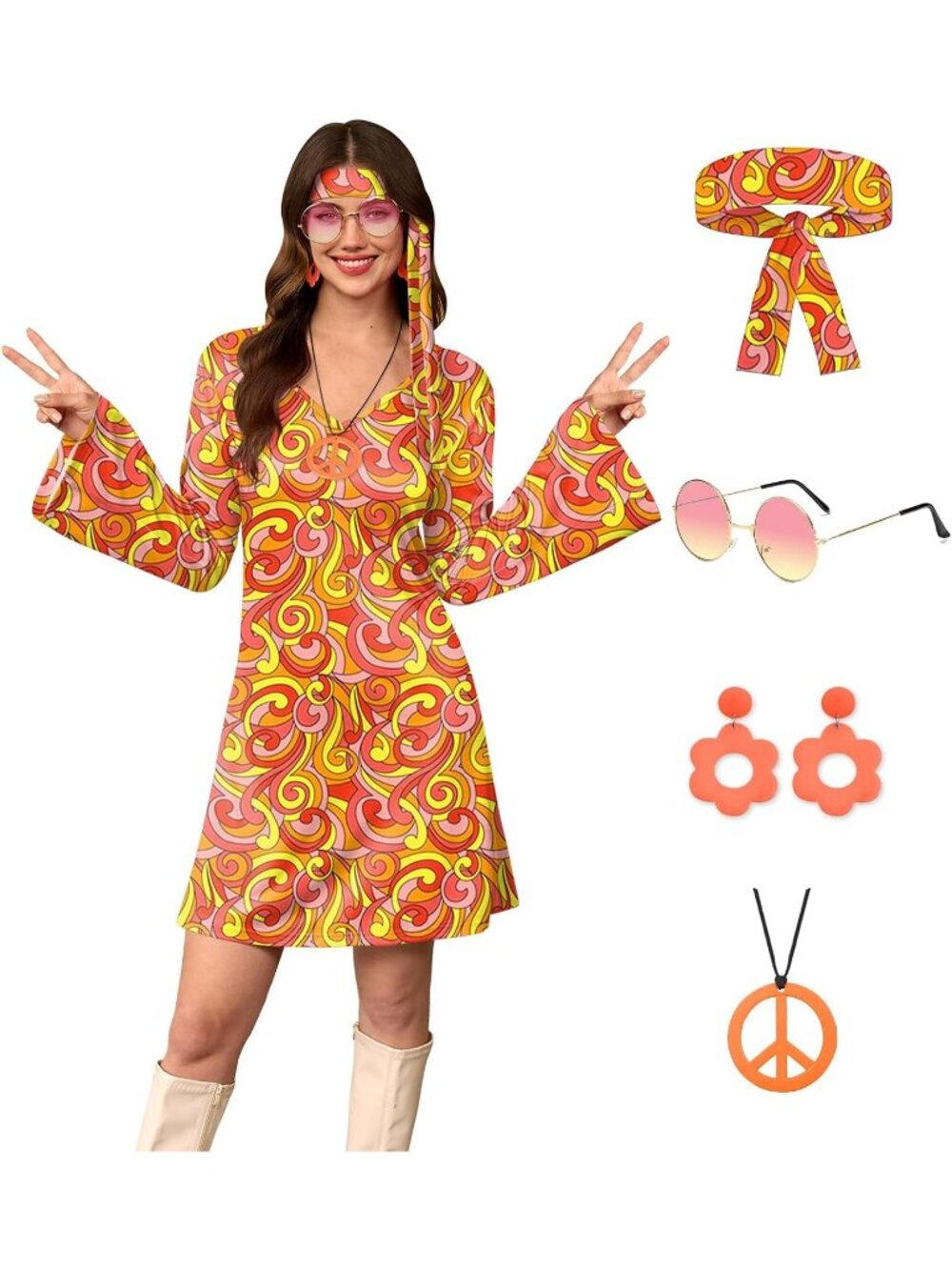 Women's Orange Hippie 70s Hippie Halloween Costume Sunglasses Dress 5-Piece Set